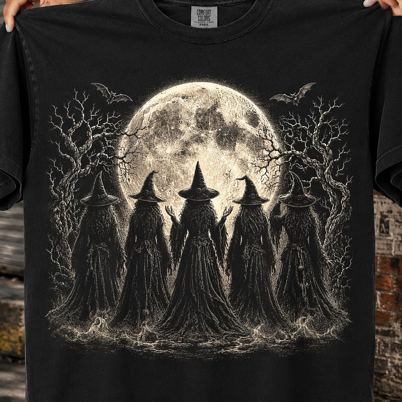 Image of Witch Halftone Gothic For Halloween Old School Graphic Spooky Party Gift For Halloween Fans Men Crew Neck Short Sleeve 180g T-shirt Sizes S To 3xl