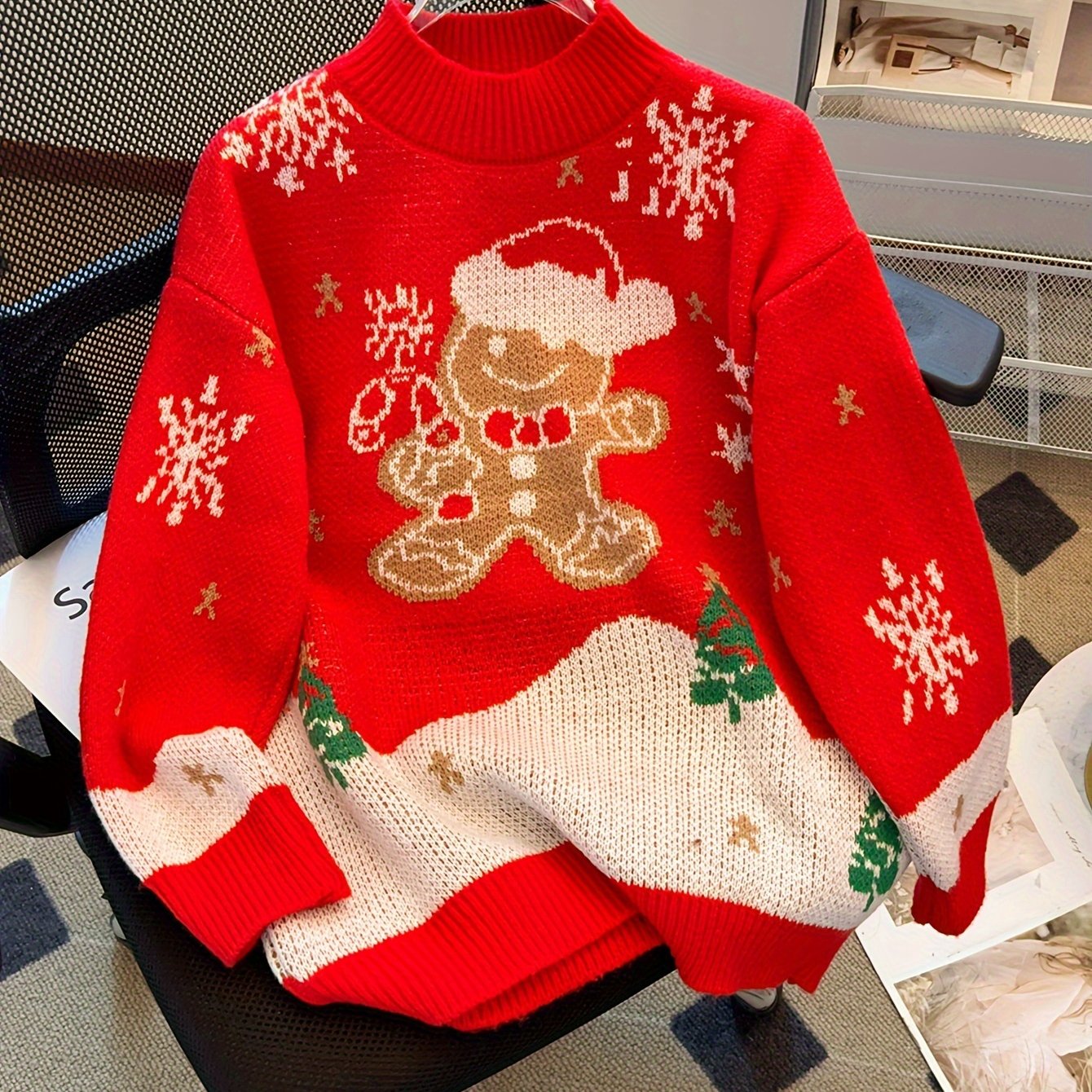 TEMU 欧米風秋冬新作 カラーブロックジャカード クリスマス雪の結晶レッドプルオーバーセーターコート
