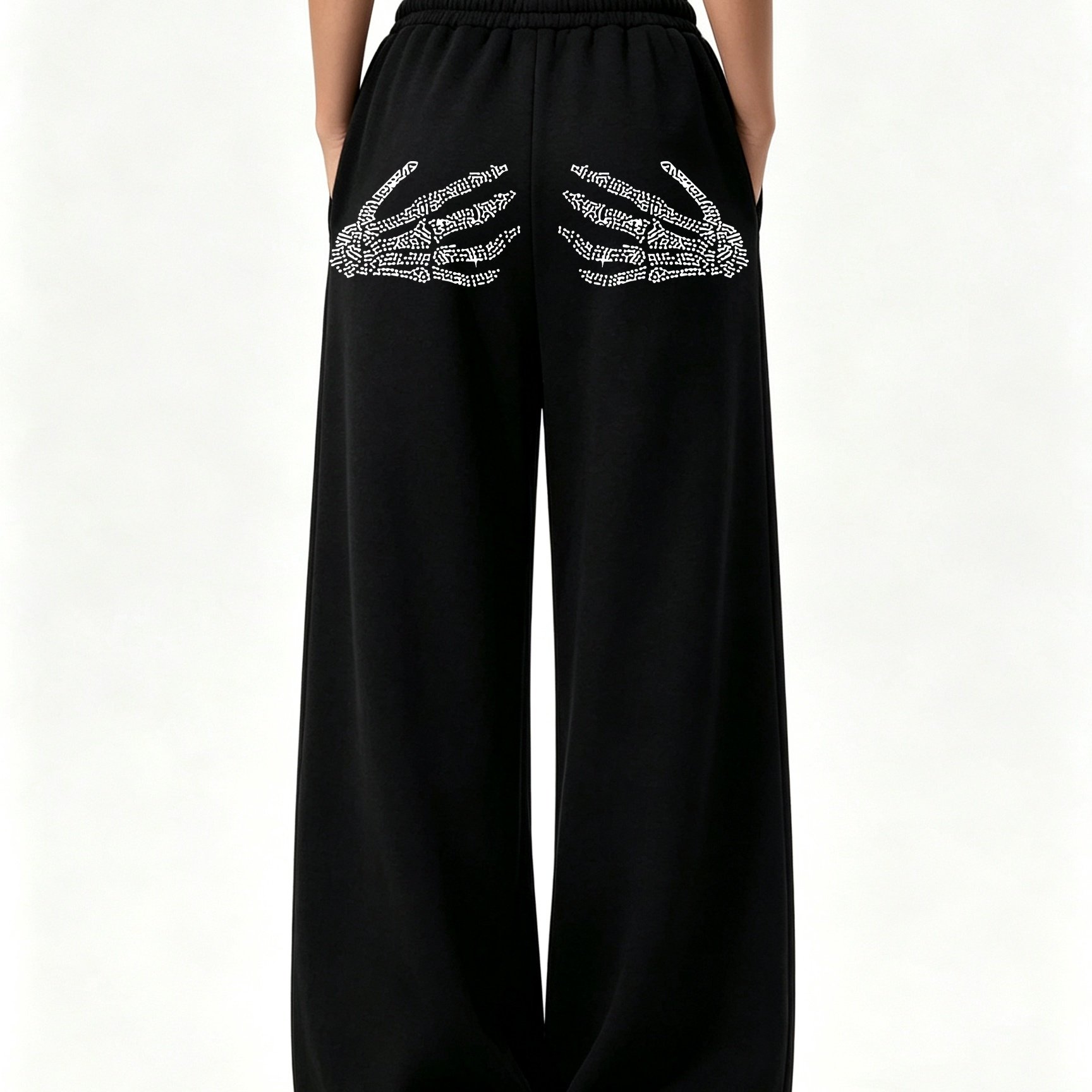 TEMU Women's Loose-fit Sweatpants With Back Rhinestone Skull Palm Print, Streetwear Dark Style Wide-leg Pants, Pocket Drawstring Design, Soft And