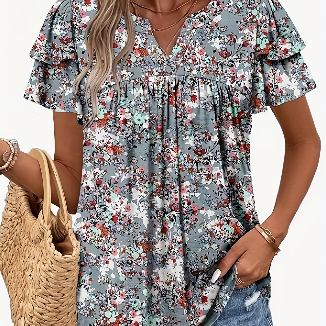 E-shop Elegantes Damen V-Ausschnitt Rüschen Kurzarm Frühlings Sommer Top Geraffte Taille Bluse T-Shirt