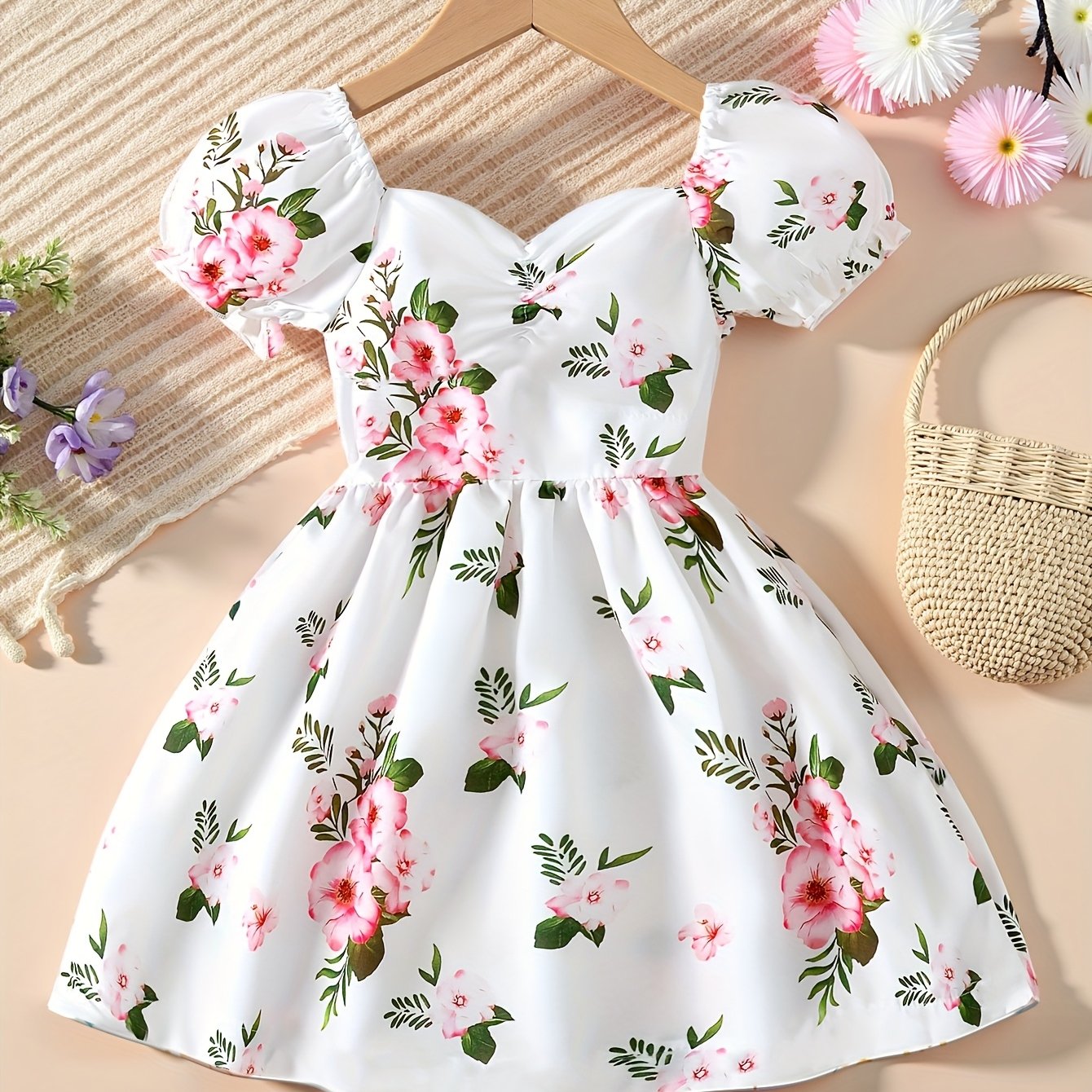 Image of Girl's Stylish Floral Print Dress, Birthday And Holiday Gift For Kids, Cute And Children's Casual Outerwear, Breathable And Comfortable Fashionable Girls' Clothing