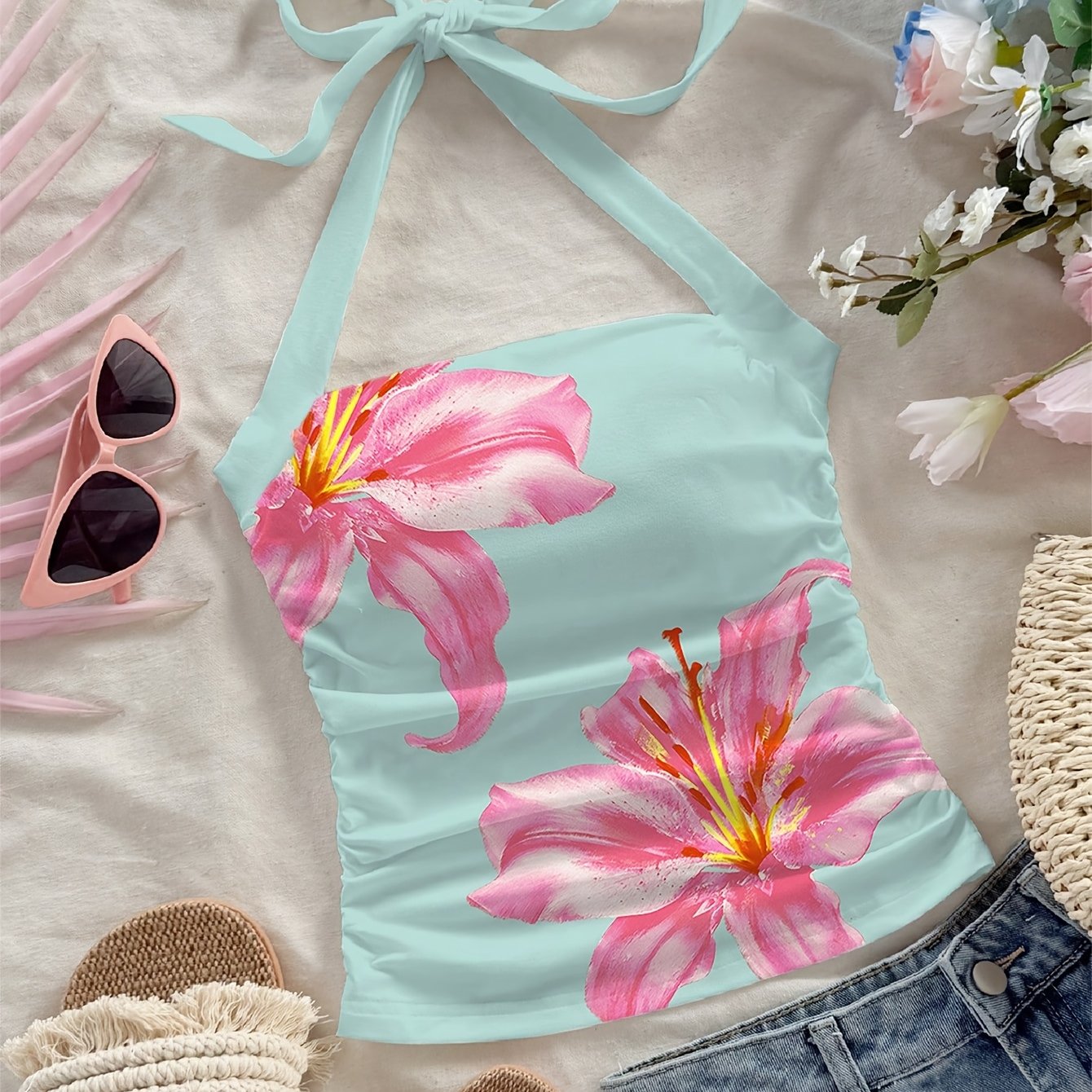 E-shop Damen Mode Freizeit Blumenmuster Halterneck Bodycon Kurzes Tanktop für den Sommerurlaub