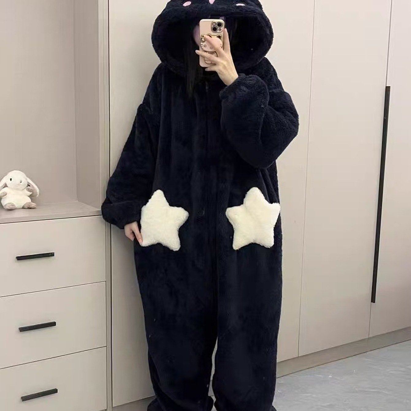 Image of Funny Spinneru Winter Pajamas Autumn/winter Coral Velvet Thickened Cartoon Jumpsuit Worn Outside