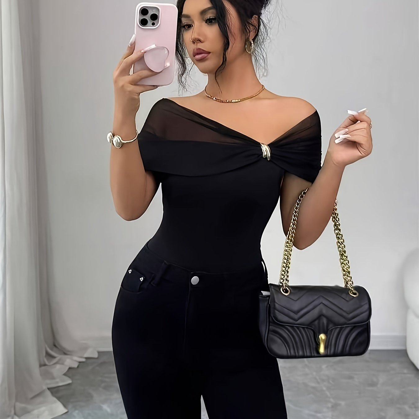 TEMU Top da donna con una spalla, elegante, raffinato e , con inserti in rete e fibbia decorativa a torsione in metallo sul , vestibilit� slim che