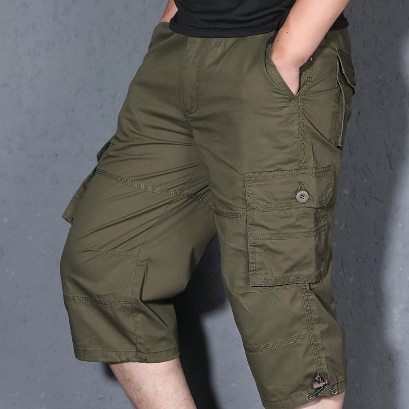 Men's 7-inch Shorts, Summer Solid Color Work Pants, Durable Multi-pocket Shorts, Elastic Waistband, Fashion Sports Casual, With Random Color Belt