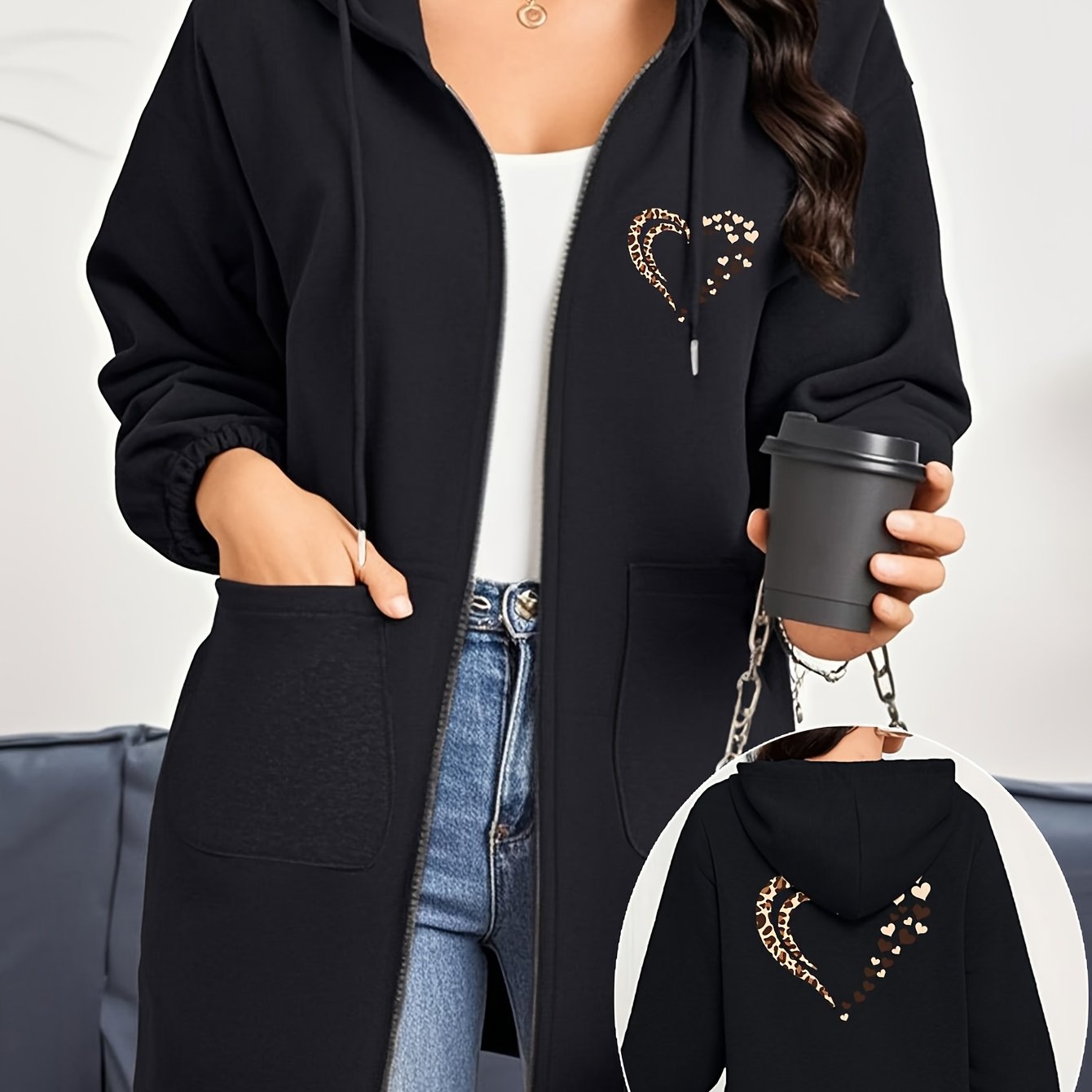 TEMU Women's Fashionable Long Zip-up Hooded Jacket With "heart Leopard Print Decorative Pattern" Print Design, Casual And Versatile Style, Practical