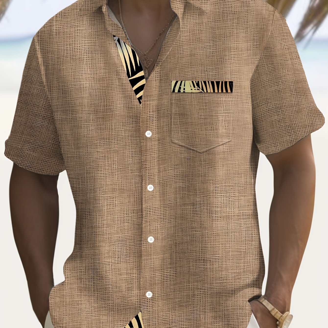 Image of Hawaiian Texture Golden Plant Leaf Print Men's Plus Size Button-pocket Short Sleeve Shirt