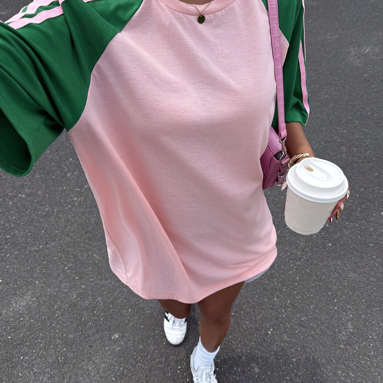 Women's Striped Contrast Off-shoulder Loose Casual Round Neck T-shirt, Summer