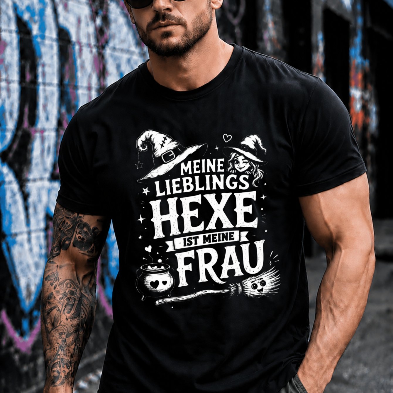 Image of Men's German T-shirt - "meine Lieblings Hexe Ist Meine Frau" Print With Cauldron & Broomstick - Casual Round Neck Tee Suitable For Themed Parties, Casual Attire, Costume Apparel