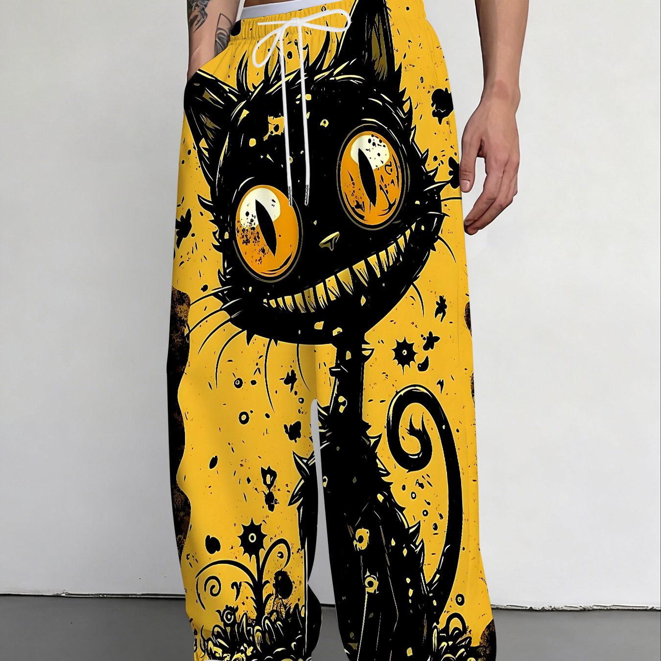 TEMU Men's Wide-leg Loose Straight-leg Trousers With Full-body Black Cat Face And Eyes Print, Casual And Comfortable, Suitable For Casual Or