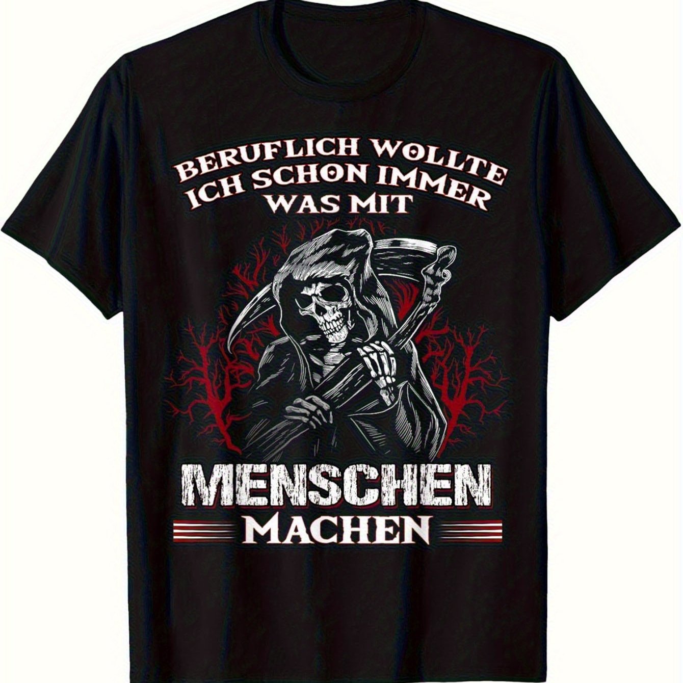 Image of Men's Gothic German Text "i Want To " Skeleton Graphic T-shirt - 2025 New Style Black Pure Short-sleeve Shirt, Loose Fit Casual Round Neck Top For Goth And Casual Attire, Plus Size