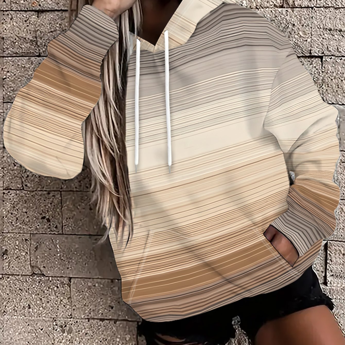 TEMU Women's Hoodie, Warm Brown Gray Striped Layering, Gradient Soft, Easy Texture Pattern Print, Front Pouch - Elastic, Suitable For Spring/autumn,