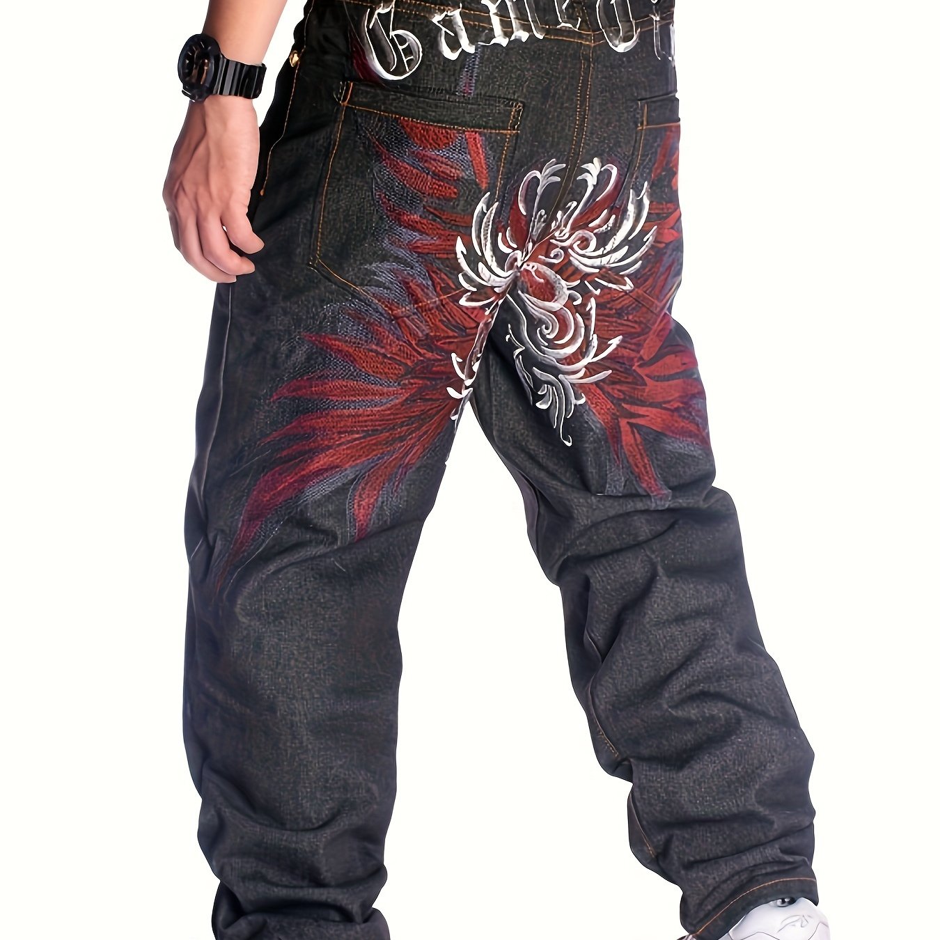 Crazy Men's Hip Hop Embroidery Baggy Jeans Denim Loose