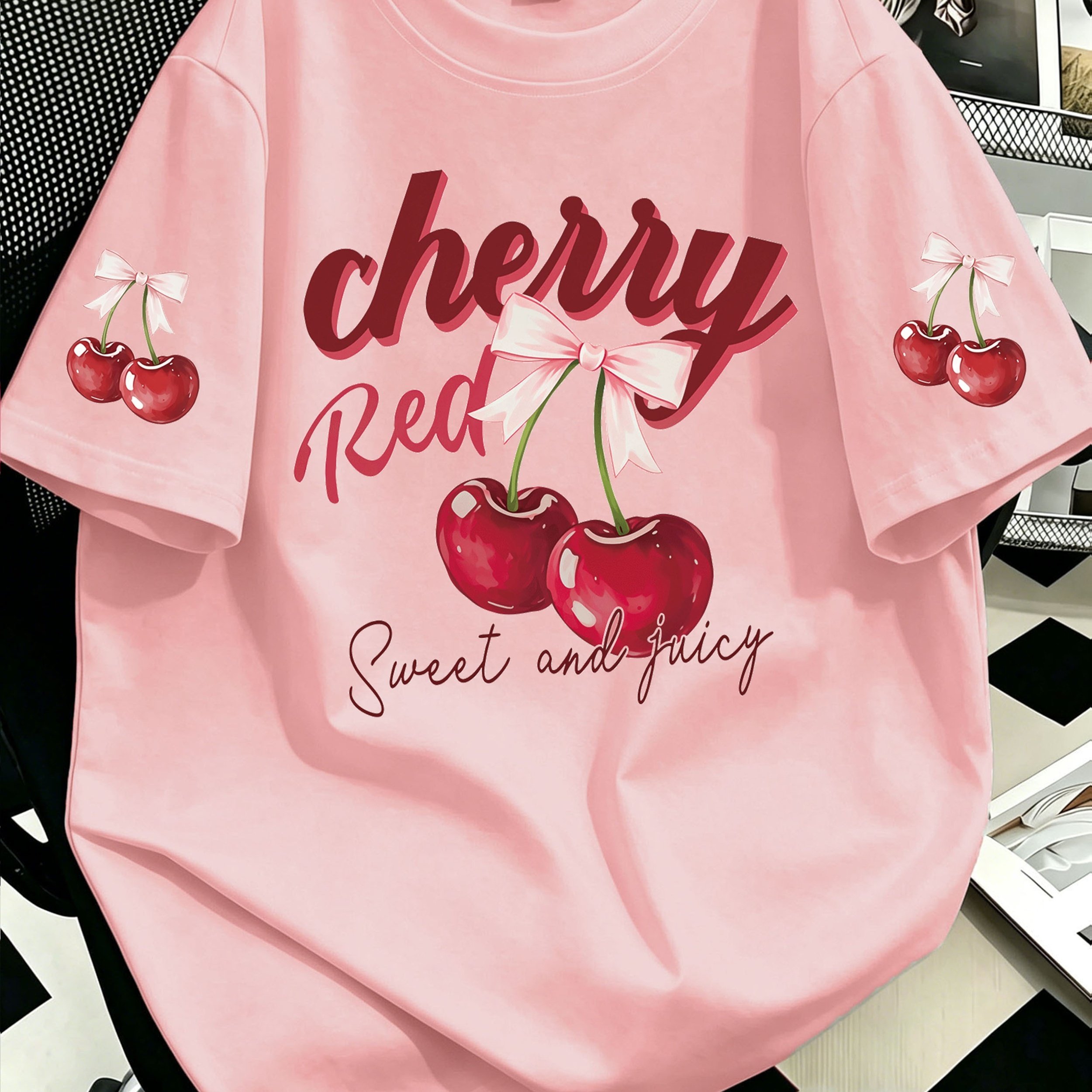 TEMU Plus Size, Plus-size Women's Casual Cherry Letter Print Round Neck T-shirt, Comfortable And Relaxed For Summer