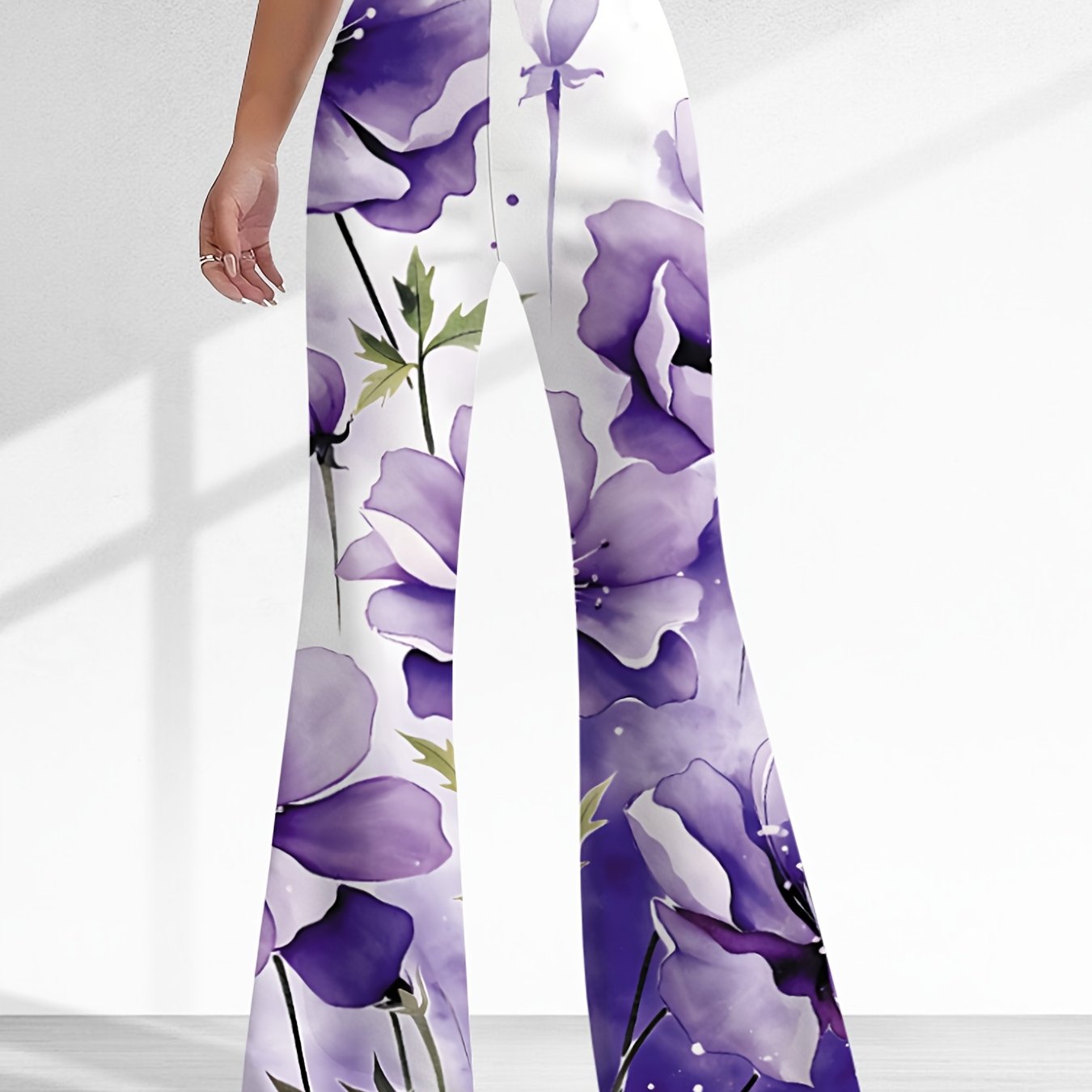 TEMU Women's -waist Flared Bell-bottom Pants, Mature Style Ink Wash Floral Wide-leg Trousers, Suitable For Spring, Summer, And Autumn, Medium-stretch