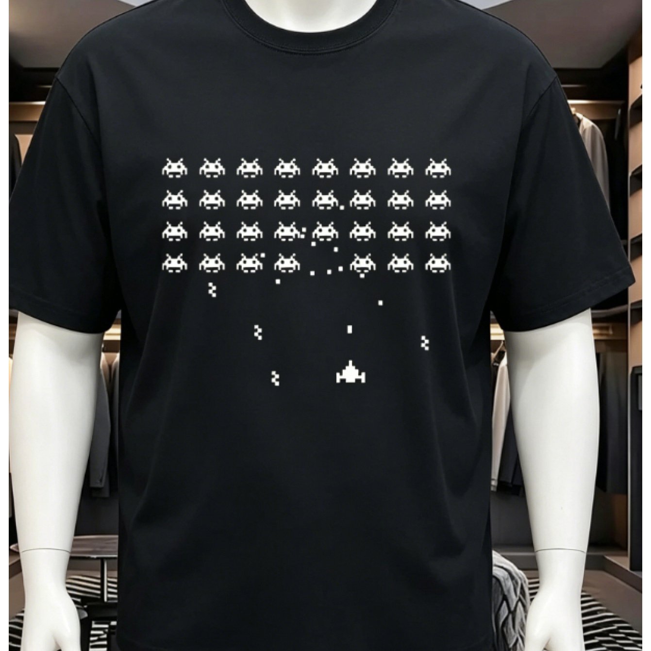 TEMU [printed Design Not Textured//sequins Not Jean This Is The Print] Men's Space Invaders Invasion Pattern T-shirt | With Aliens And Ammunition,