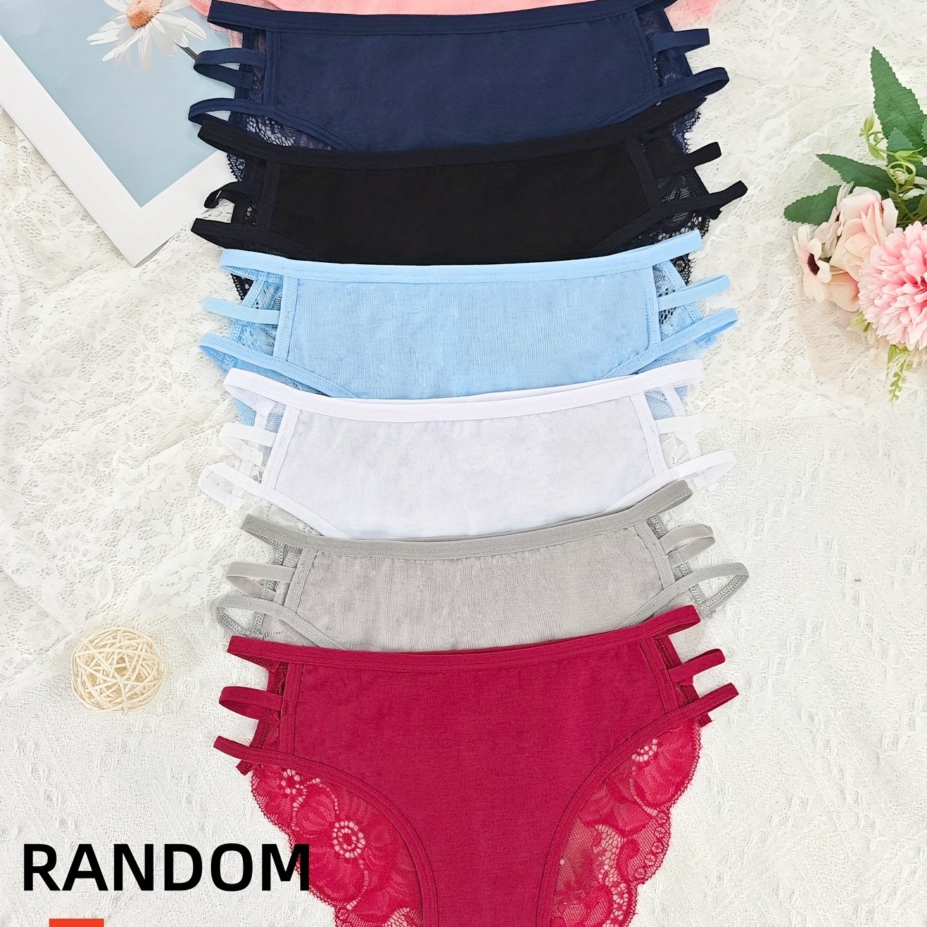 E-shop Zufällige Farbe 7-teiliges Set Damen Einfarbige Spitzenkante Modische Hohle Dreieck Unterwäsche, Faser, Sexy, Stoff, mit Kontrastierendem Spitze