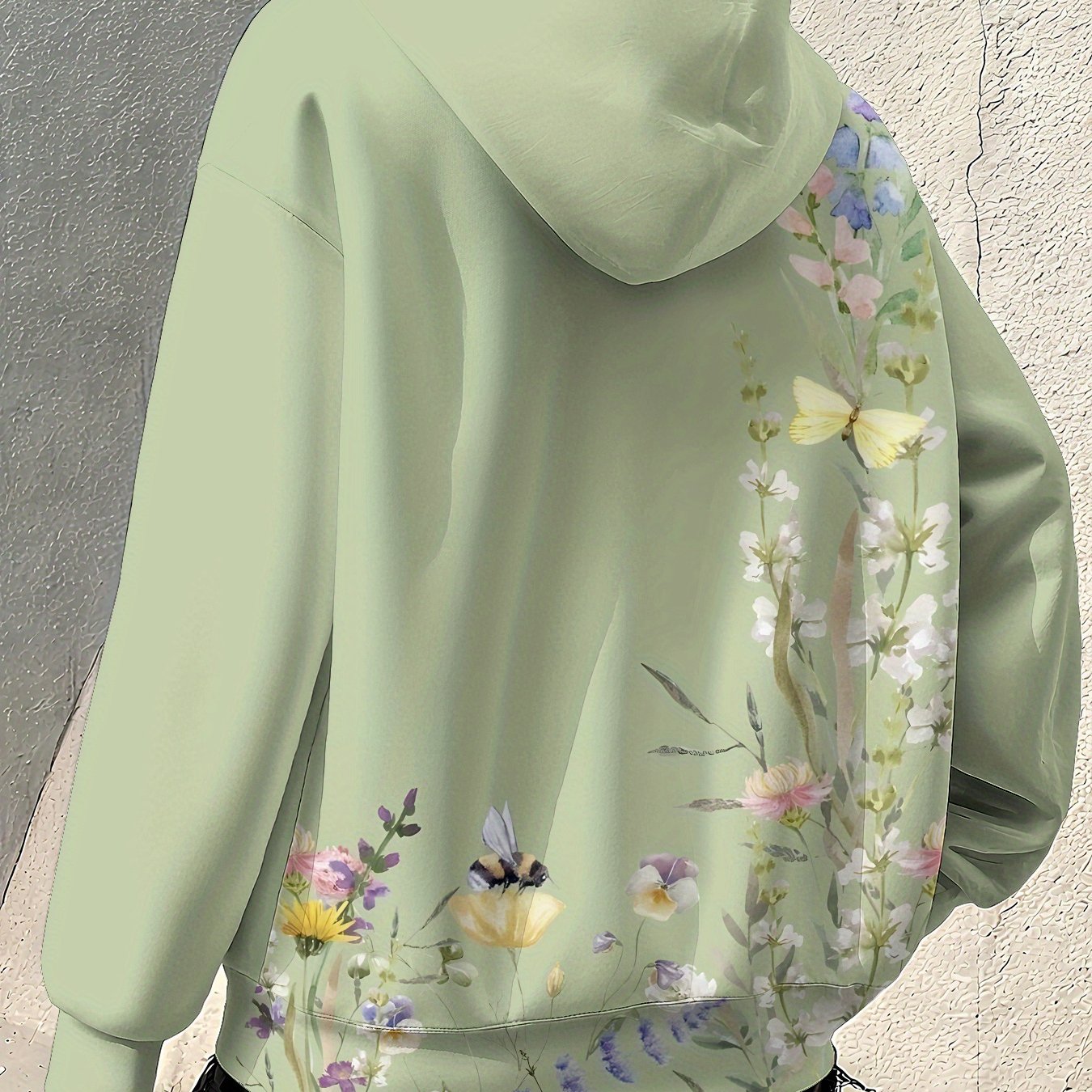 E-shop Plus Size, Damen Mintgrüner Blumen-Zip-Up-Sweatshirt – Lockerer Hoodie mit Fronttasche, Leichtes Alljahres-Outfit, Ideal für Casual, Büro Urlaub