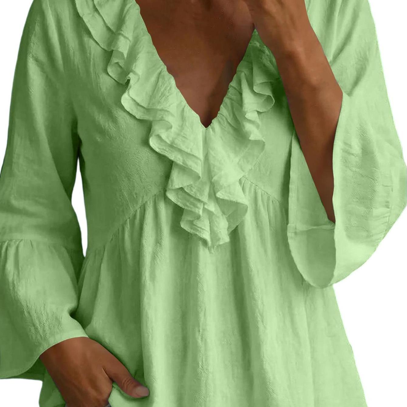 Image of Women's V-neck Ruffle Blouse Long Sleeve Casual Loose Flowy Tunic Tops