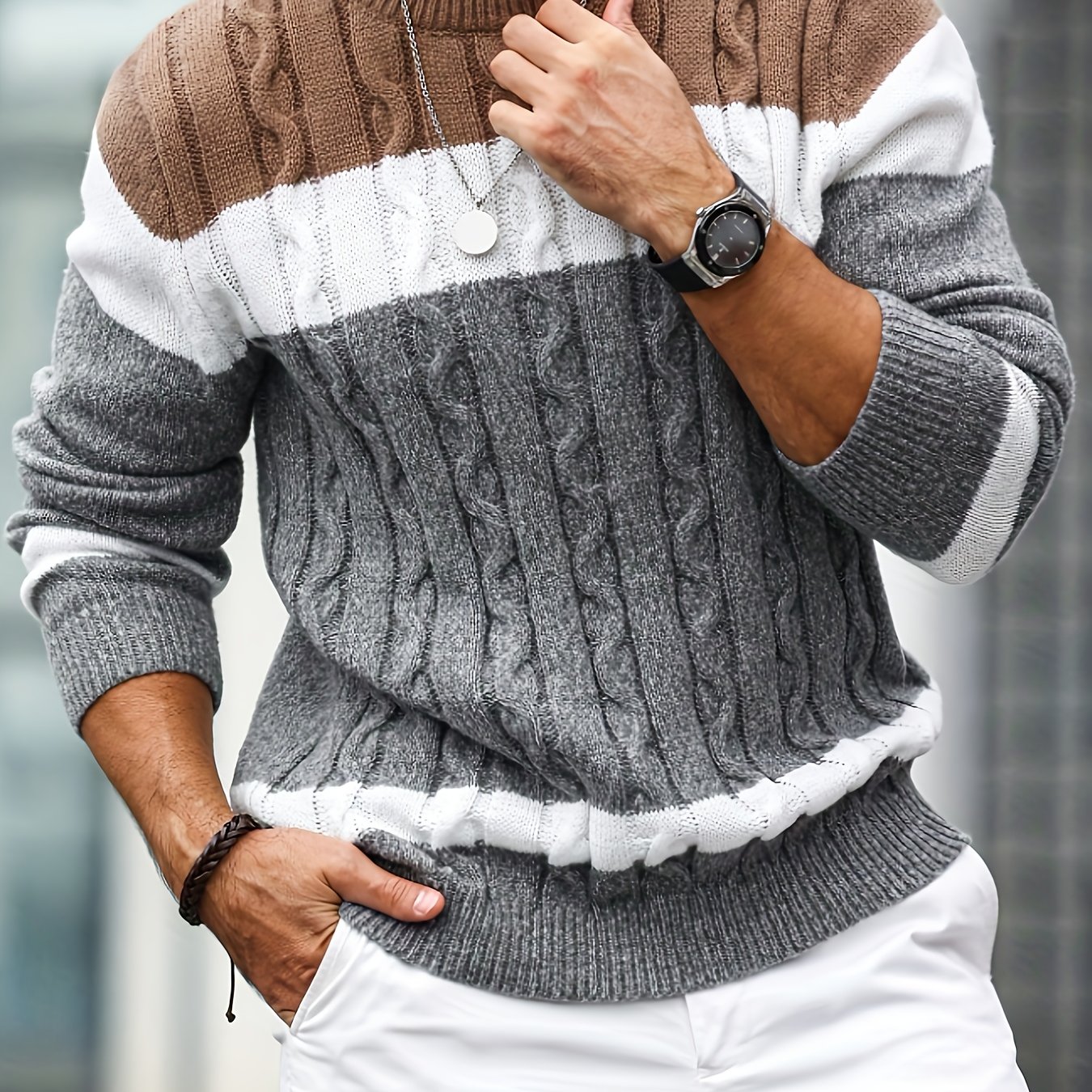 TEMU Pull en tweed tricoté à de couleur pour homme, col rond, manches longues, à de couleur pour professionnelles et décontractées, d'automne
