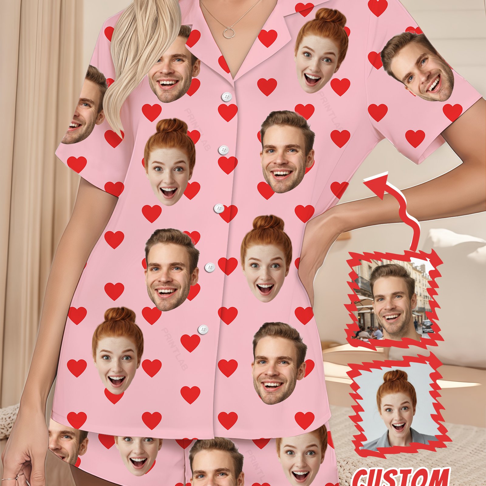 TEMU Pyjama personnalisé pour femme, ensemble de nuit court, cadeau de la Saint-Valentin, personnalisation avec photo de visage, et confortable,