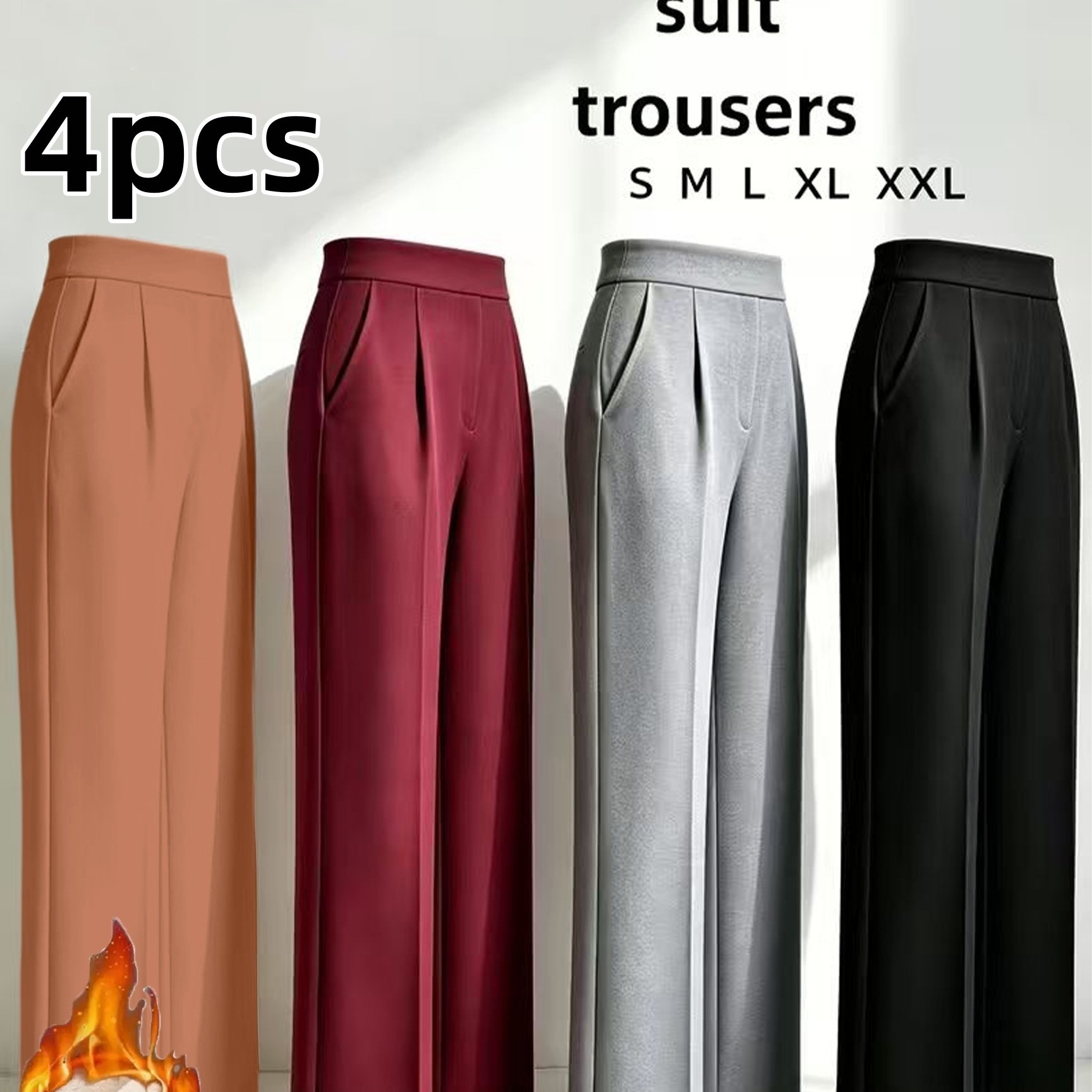 TEMU 4pcs Set Of Women's Casual Wide-leg Pants, Suit Trousers, 2027 Autumn And Winter Thick Warm Pants, High-waist Thick Warm Side-pocket Winter