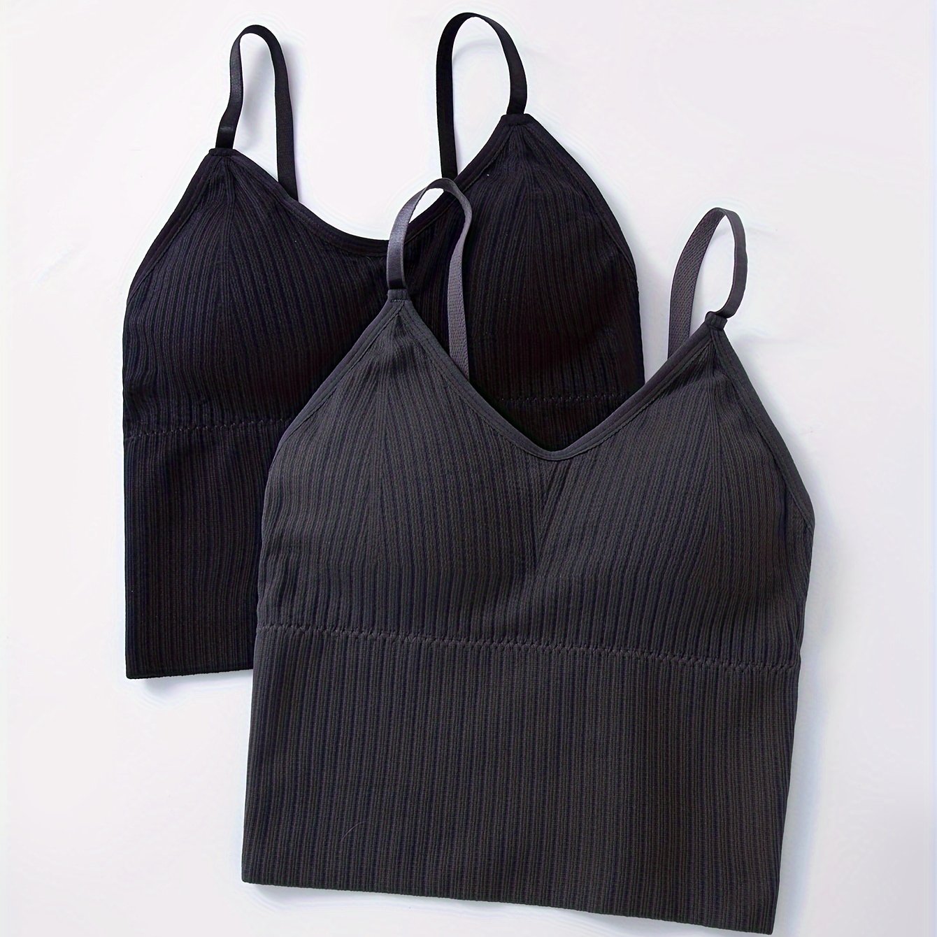2pcs Easy Solid Ribbed V Neck Cami Top, All-match Padded Cami Top, Women's Lingerie & Underwear