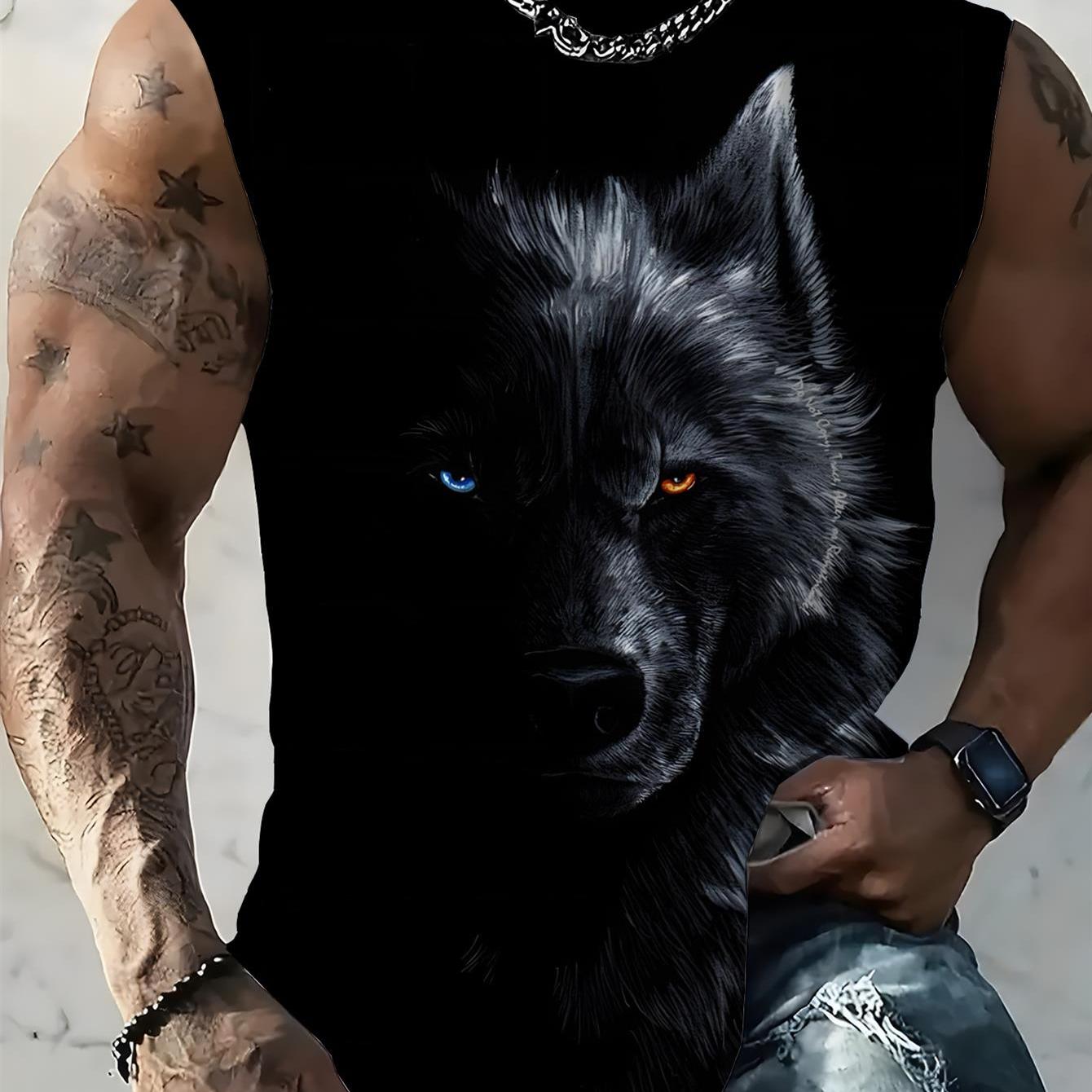 TEMU [print Design - Not Textured] Men's Casual Vest, Black Wolf Print With Blue And Orange Wolf Eyes, Summer Beach Casual Wear