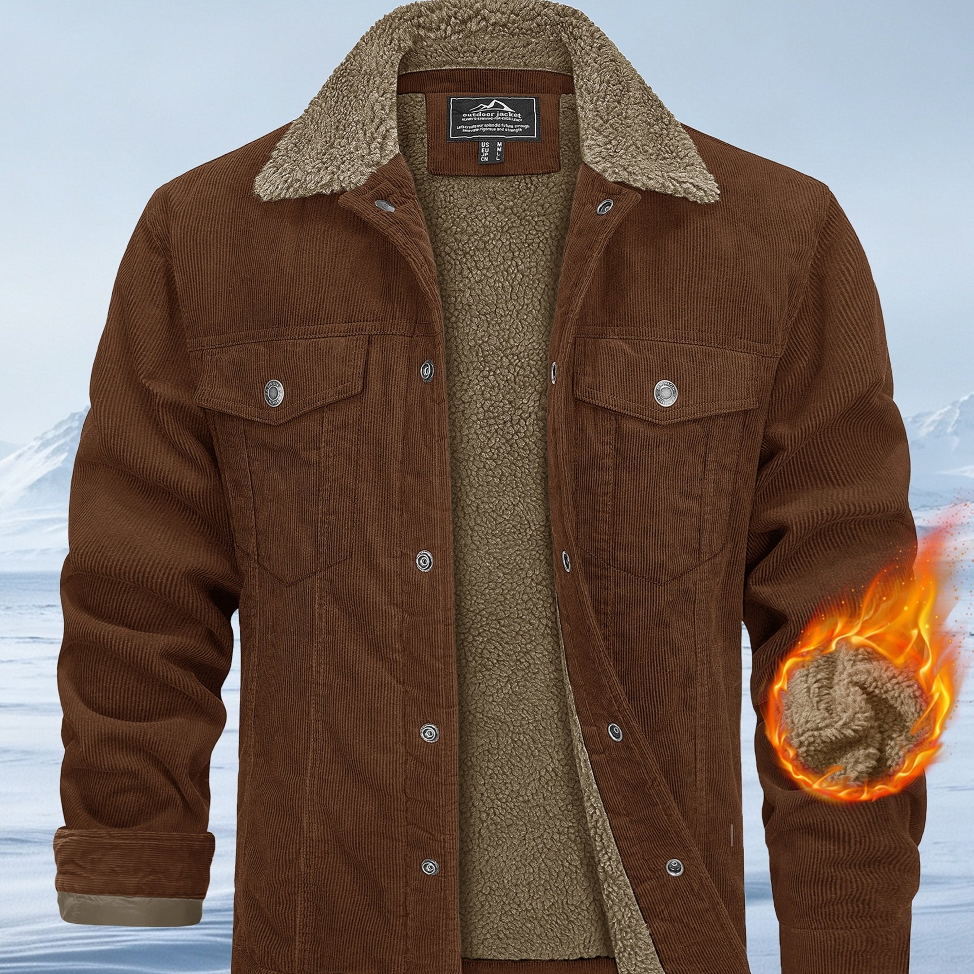 TEMU Men's Winter Corduroy Jacket Cotton Fabric Thick Comfortable Stiff Lined Padded Warm Multi-pocket Cuffs Adjustable Hair Collar Open Lapel
