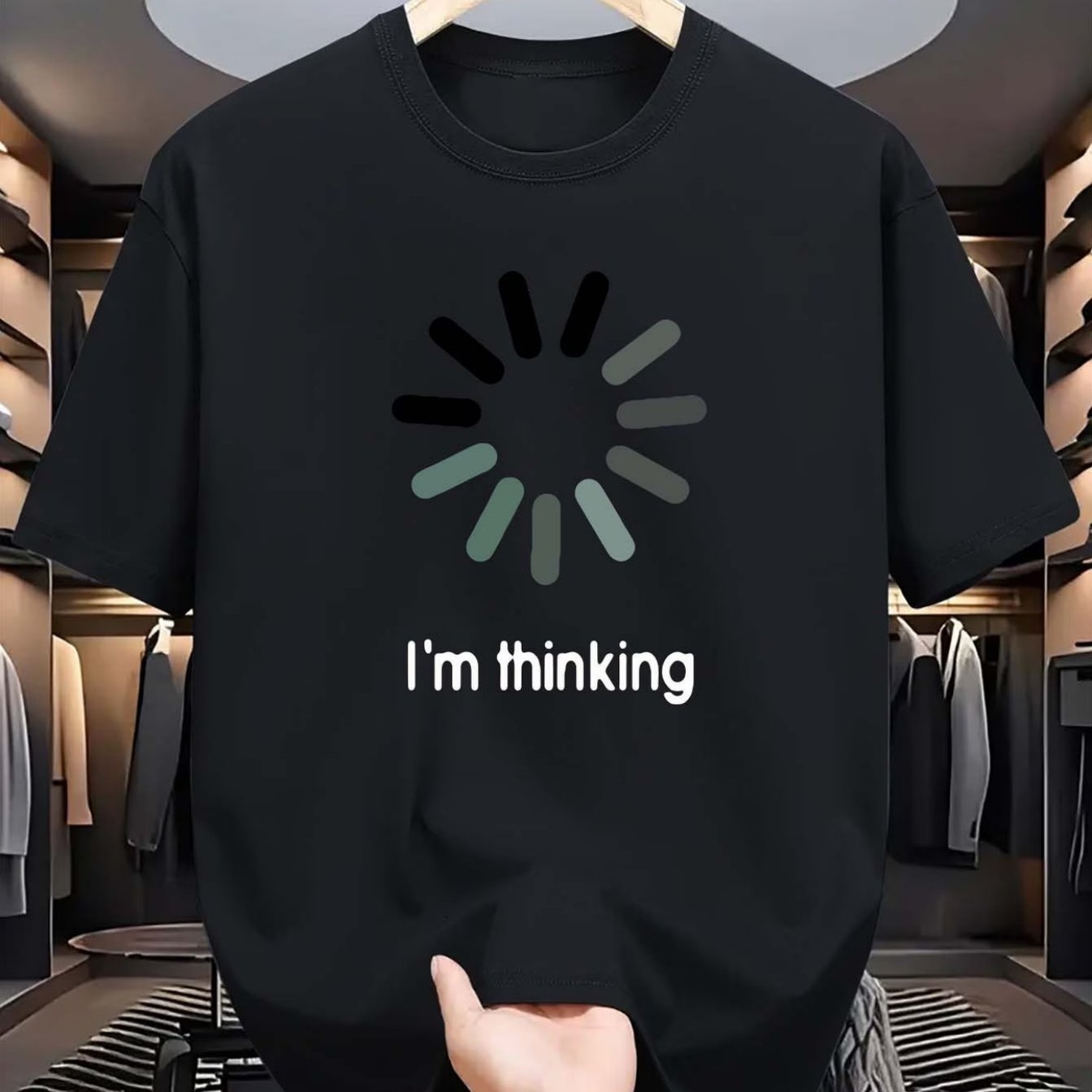 TEMU Men's Black & White Crew Neck T-shirt With "i'm Thinking" Loading - Lightweight Breathable Polyester Casual Summer Shirt, Suitable For