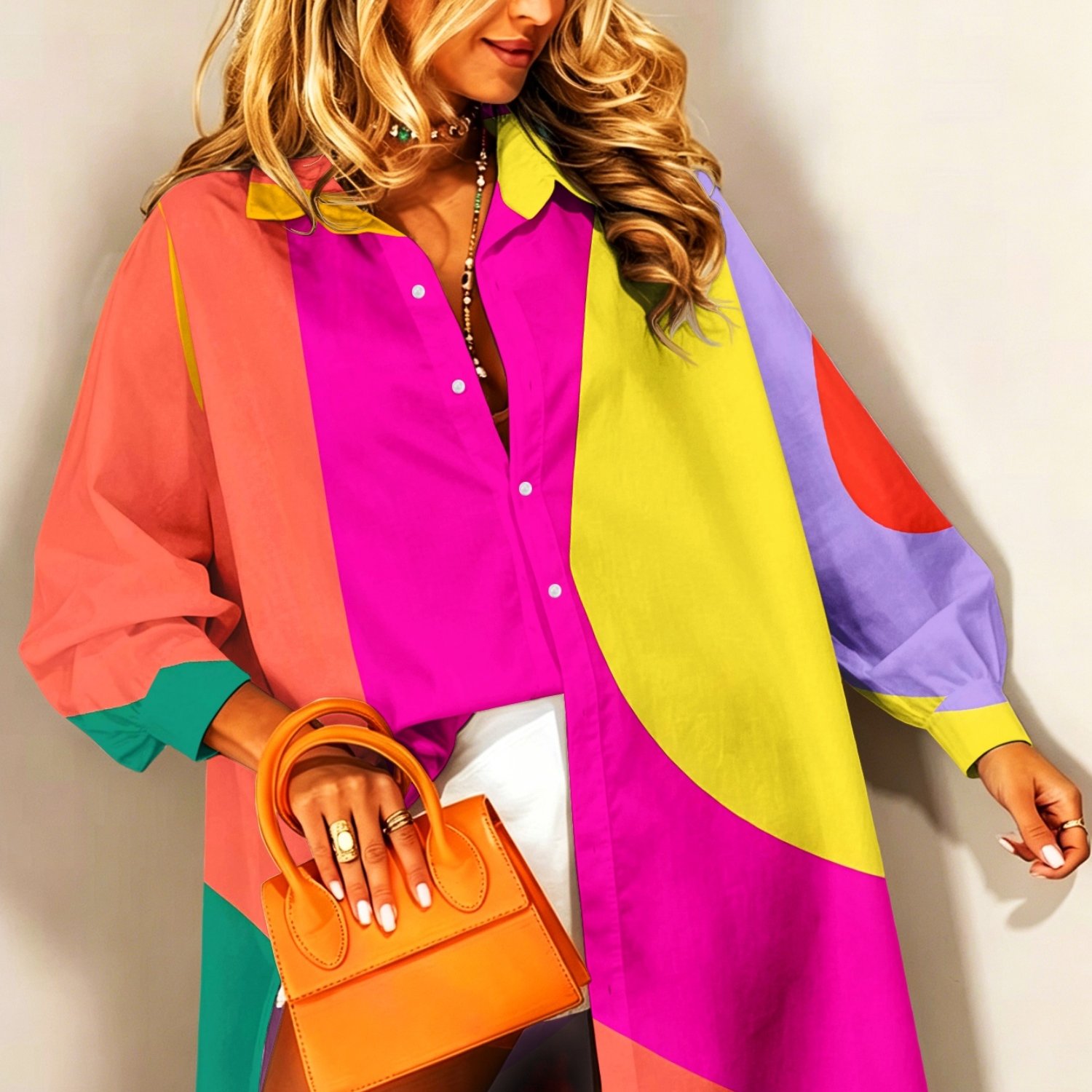TEMU Women's Casual - Long Sleeve Shirt Dress With Bright Abstract Patterns, Button-up Collar, Machine Washable, Spring Summer Beach And Casual Dress