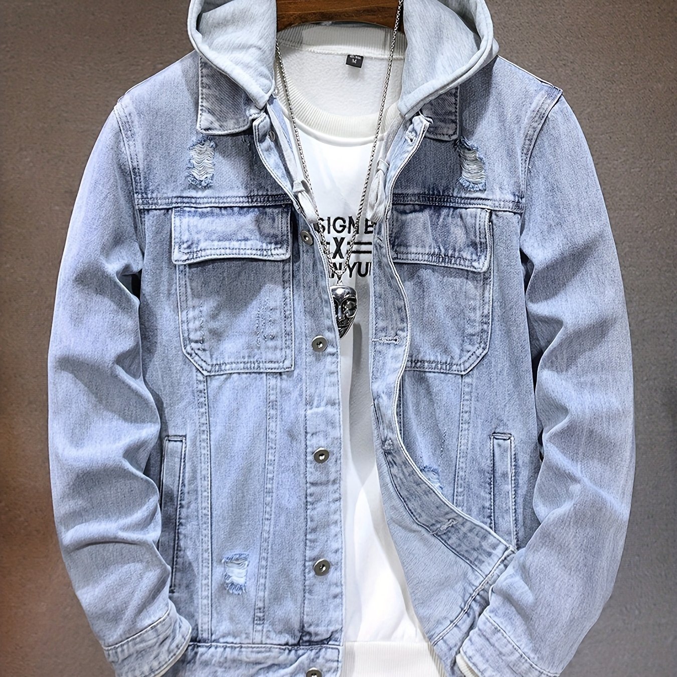 TEMU Men' Wash Distressed Denim Jacket Windproof Hooded Coat With Ripped - Light Jacket Suitable For Casual Streetwear, Wind-resistant Outerwear &