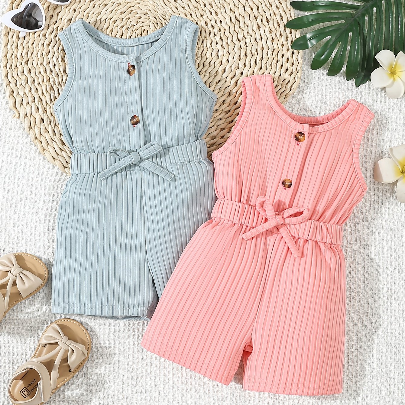 Image of Set Of 2 Baby Girl Rompers — Ribbed, Crew Neck, Sleeveless Jumpshorts With Half-button | Soft & Comfortable | Casual Everyday Wear