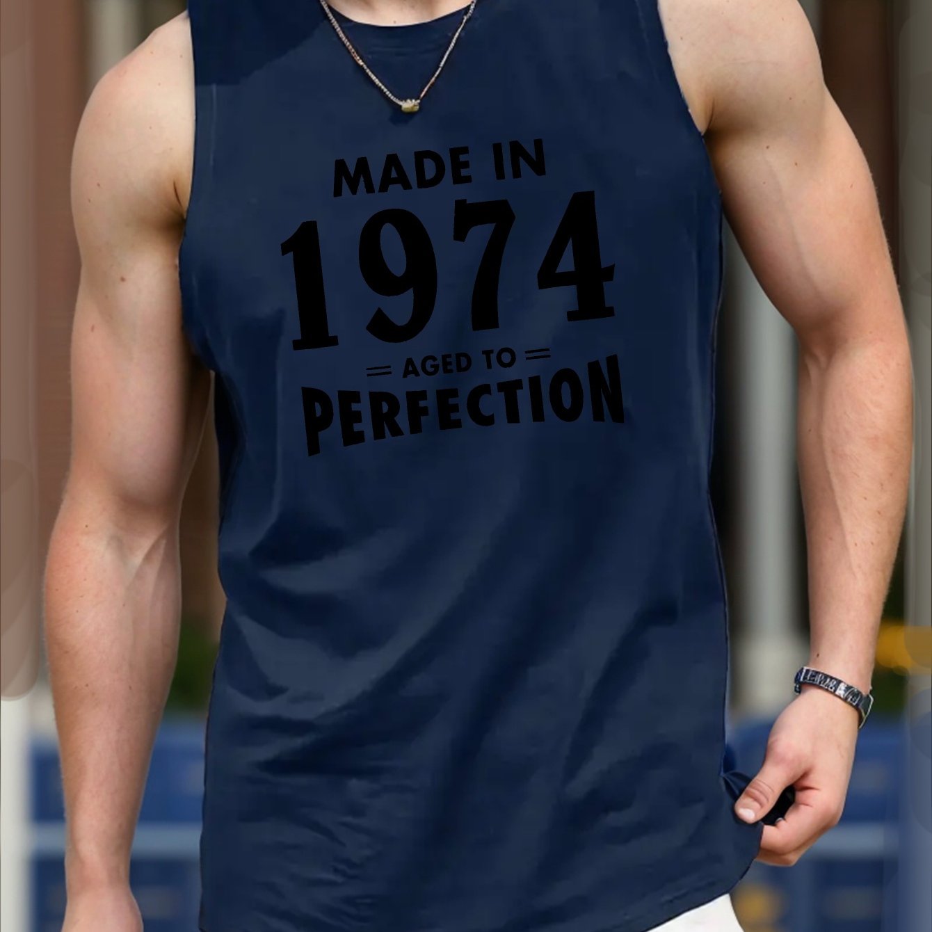 TEMU Made In 1974 Perfection Letter Print Men's Crew Neck Sleeveless Tank Top, Summer Trendy Daily Tank Top, Casual Comfortable Versatile Top For Outdoor Sports & Vacation Hiking