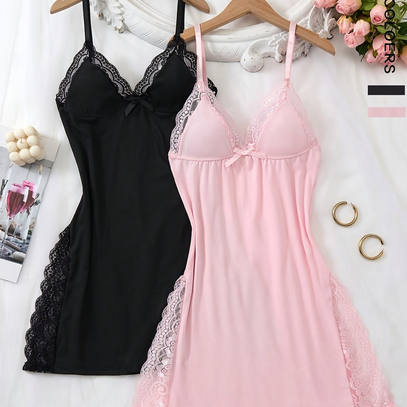 TEMU 2pcs Lace Bow Decoration Romantic Side Slit Cami Nightgown