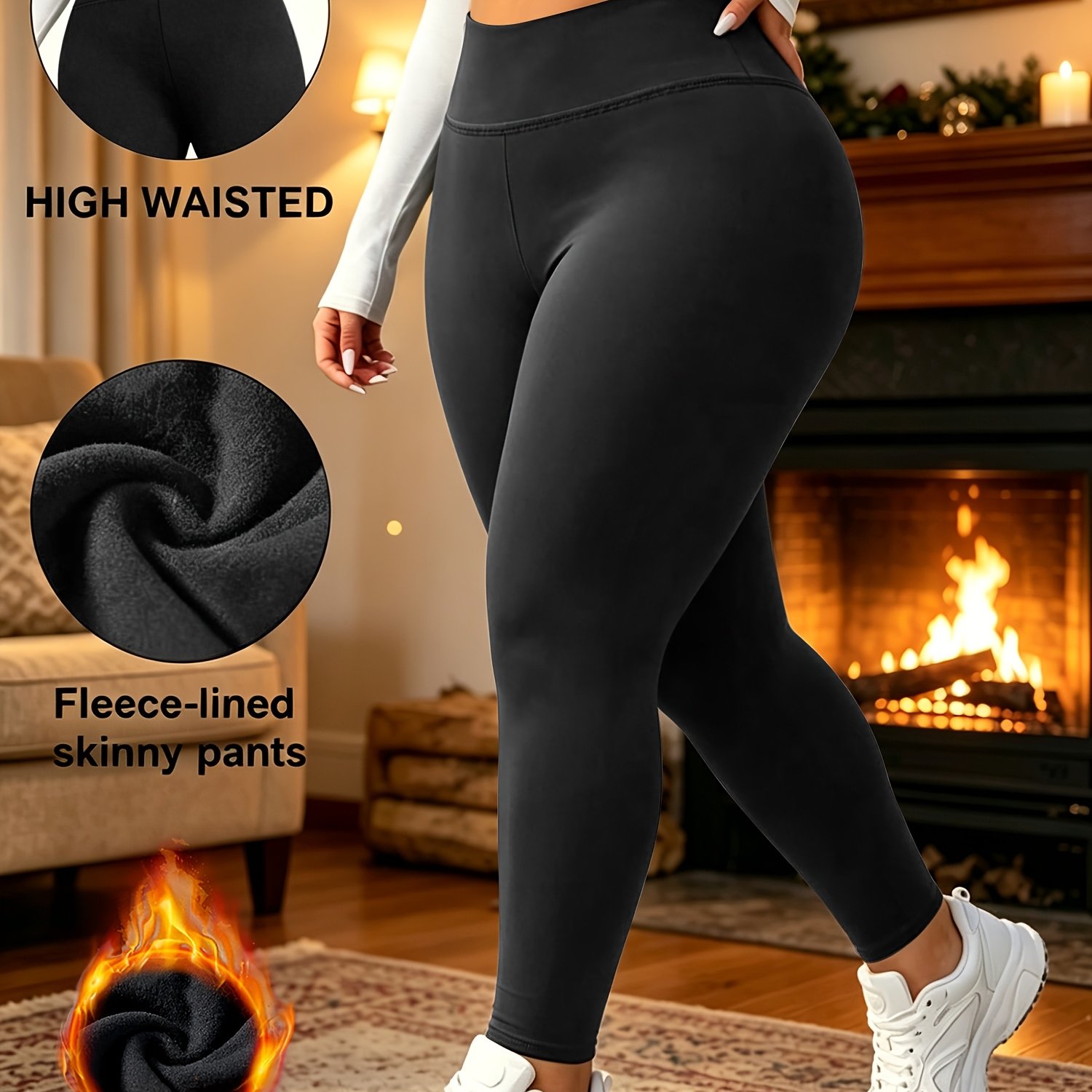 TEMU Plus Size - Autumn Winter Style Plus Size Women's Fleece High-waist Tight Ankle Pants, Trousers, High-waist Tummy Control And Lifting Fabric,