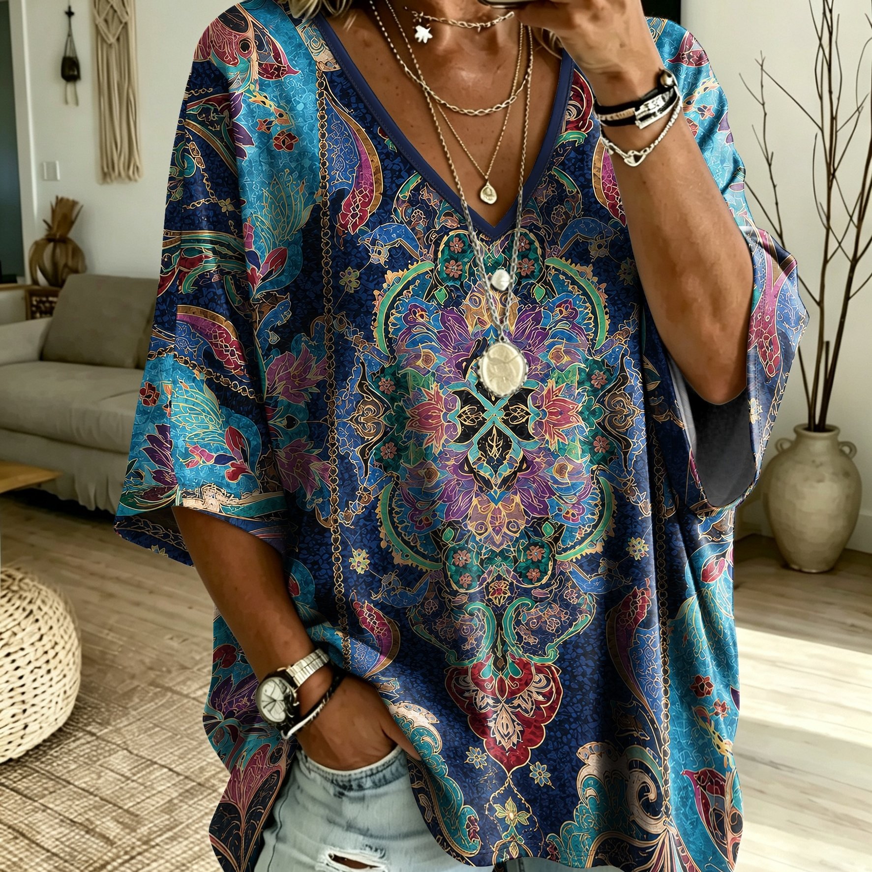 TEMU Plus Size - Floral Print T-shirt, Plus Size Women's V-neck, Retro 3/4 Batwing Sleeve Loose Comfortable Tummy Control, Plus-size Trendy Bohemian