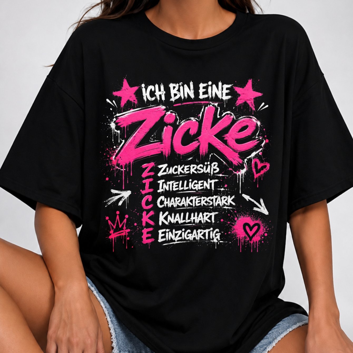 Image of German "ich Bin Eine Zicke" T-shirt - Attitude Slogan With Stars & Hearts, Lettering, Casual Fit Suitable For - Wear, Empowerment Statement Tee