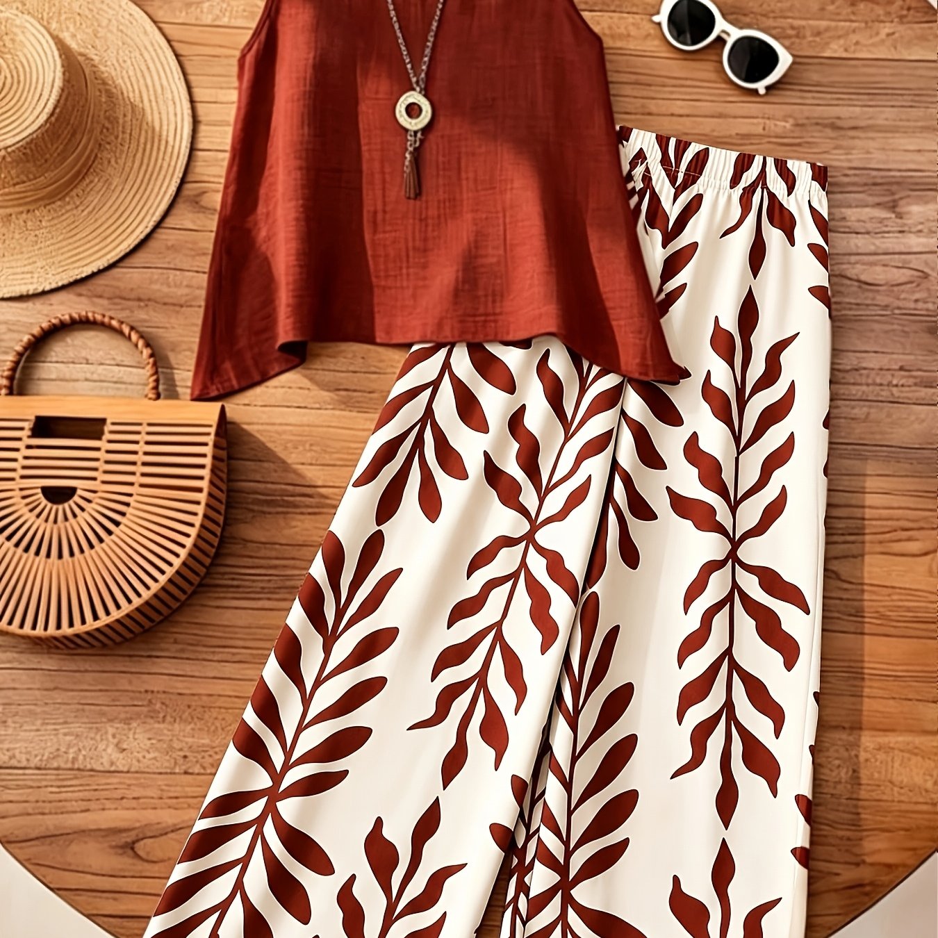 TEMU Women's New Summer Solid Round Neck Pullover Sleeveless Top Printed Elastic Waist Wide Leg Straight Pants Two-piece Set