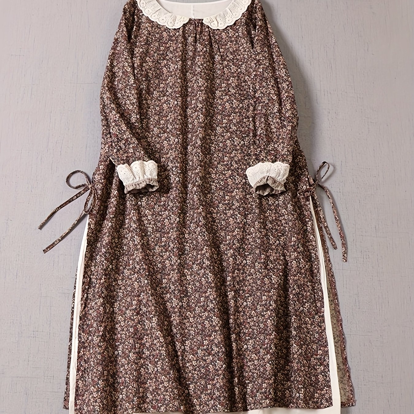 Image of Japanese Style Floral Print Dress Autumn New Loose Casual Embroidery Doll Collar Tie Lace Fake Two-piece Long Sleeve Long Dress Women's