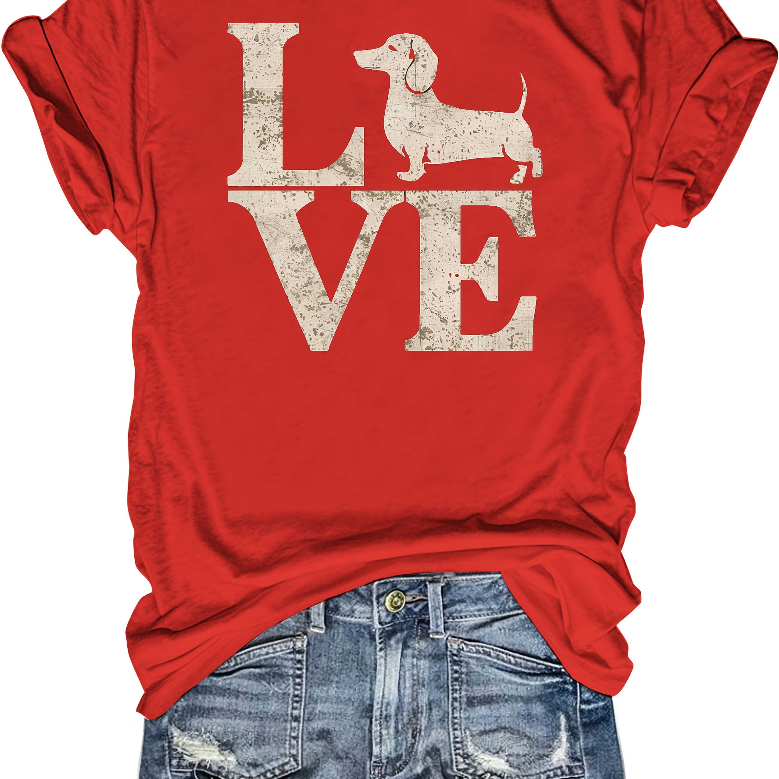 TEMU Love With Dachshund Silhouette Pure Cotton Women's Tshirt Fit