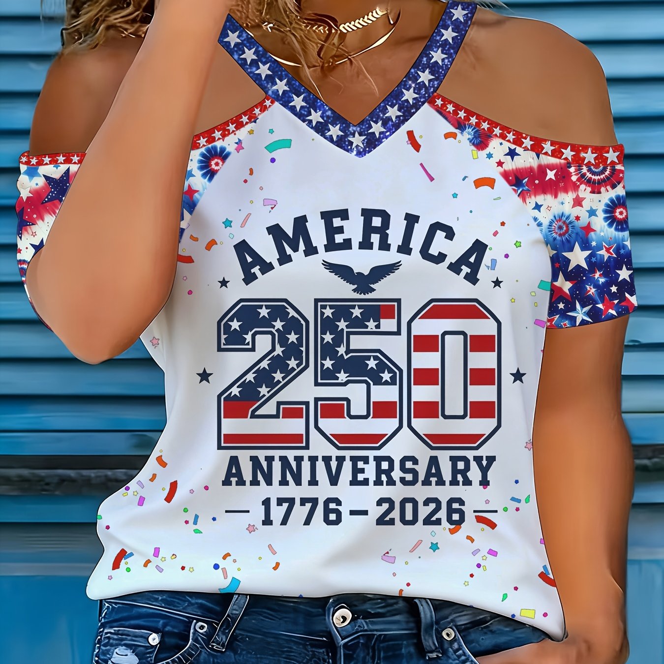 TEMU Women's Trendy Full Print 250 Anniversary Off-shoulder T-shirt, America 1776-2026 Usa Flag Off-shoulder Tee For Daily Leisure, Holiday