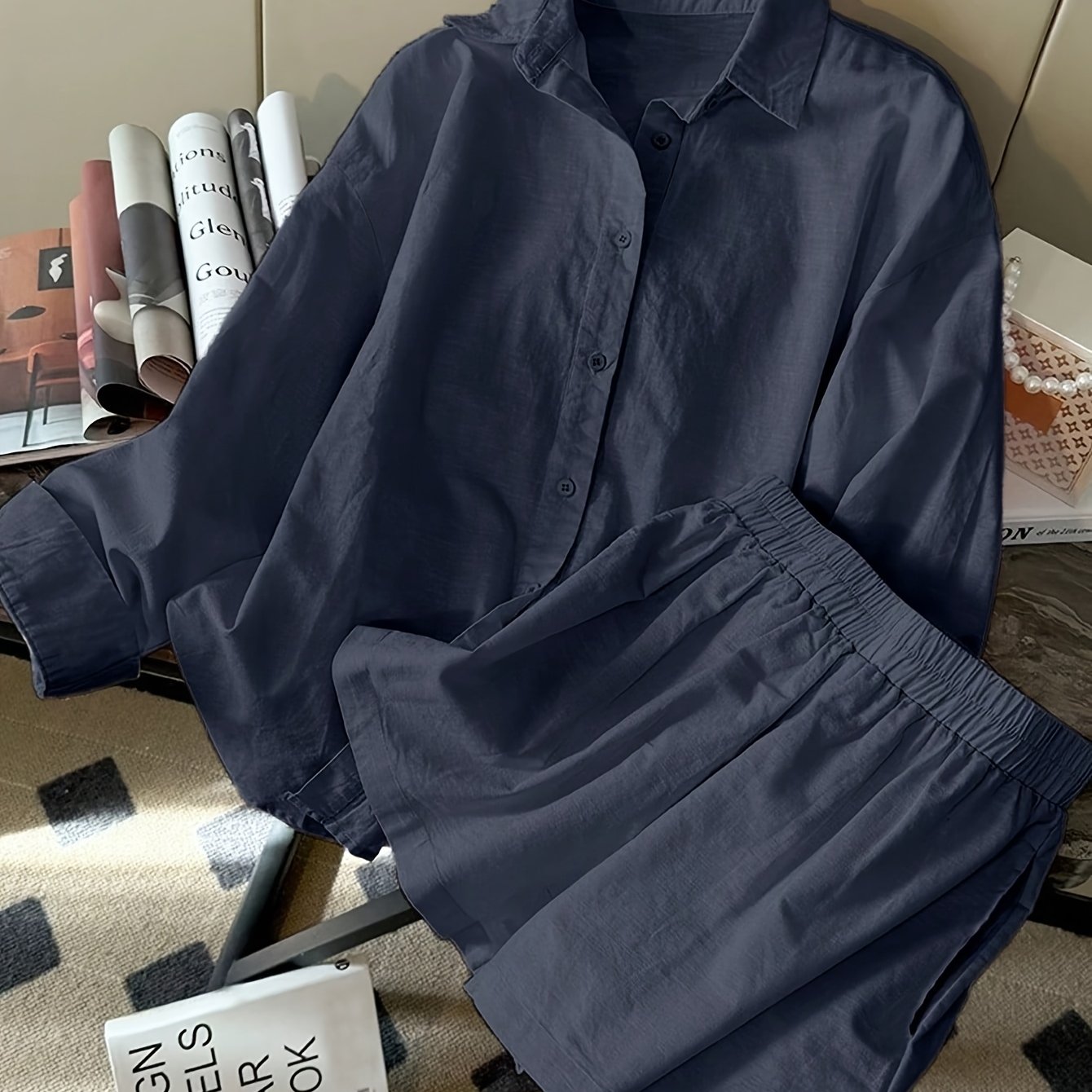 TEMU 2pcs Women's Casual Simple And Stylish Loose Long-sleeve Top And Shorts Set