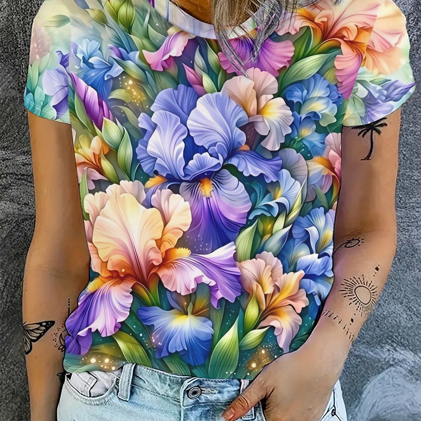 TEMU Short-sleeved T-shirt, Colorful Iris Flowers, Round Neck, Short Sleeves, Bright And Vibrant Colors