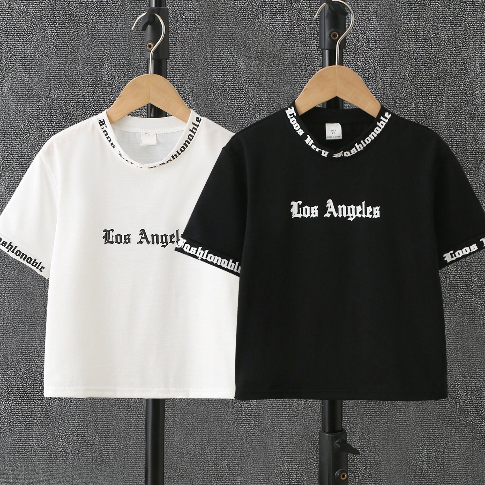 Summer Black And White 2pcs Set, Round Neck Short Sleeve, Children's Letter Print