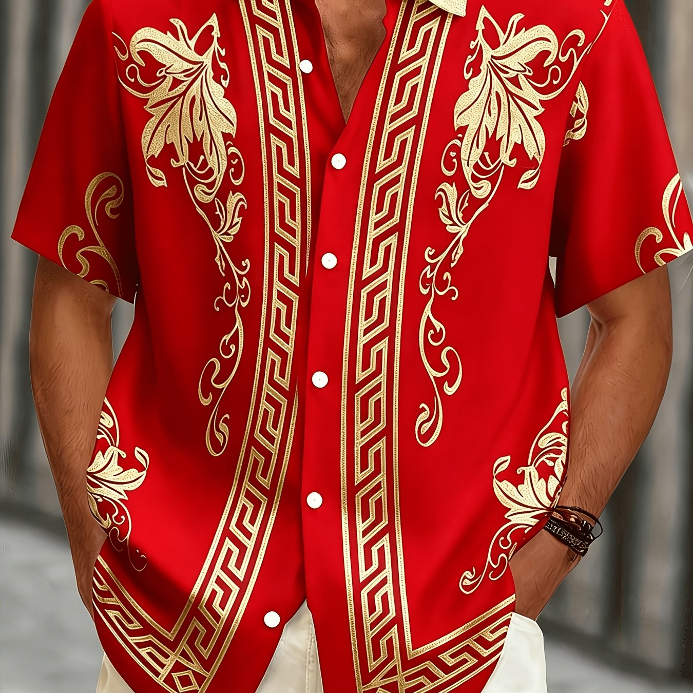 TEMU Vintage Baroque-style Men's Shirt With Red Base And Golden Floral Pattern, Featuring An Elegant Printed Design And Contrast-color Collar. Loose