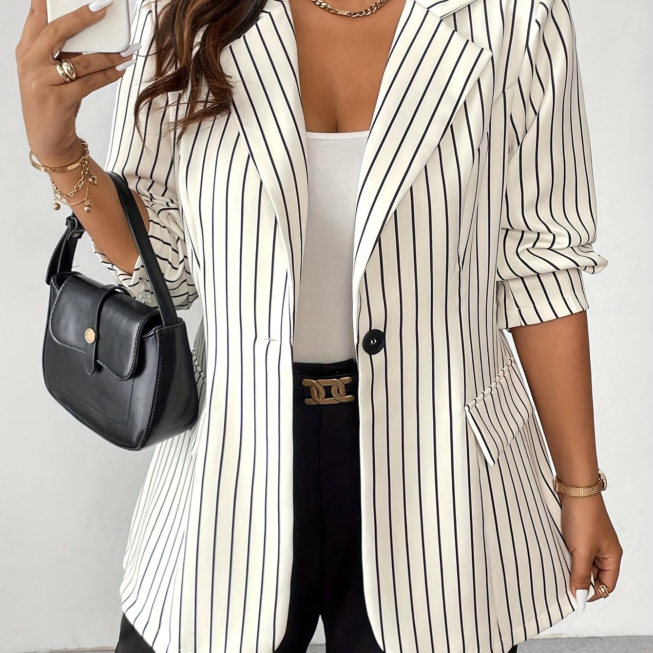 TEMU Plus Size, Plus Size Elegant Commuter Striped Lapel Single-breasted Suit Jacket For Graduation, Back-to, And Teacher Apparel, Women's Autumn