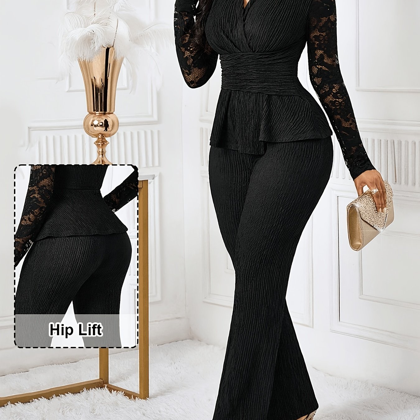 TEMU Ensemble de pantalon en patchwork de dentelle pour femme, et élégant, pour fête, printemps/automne