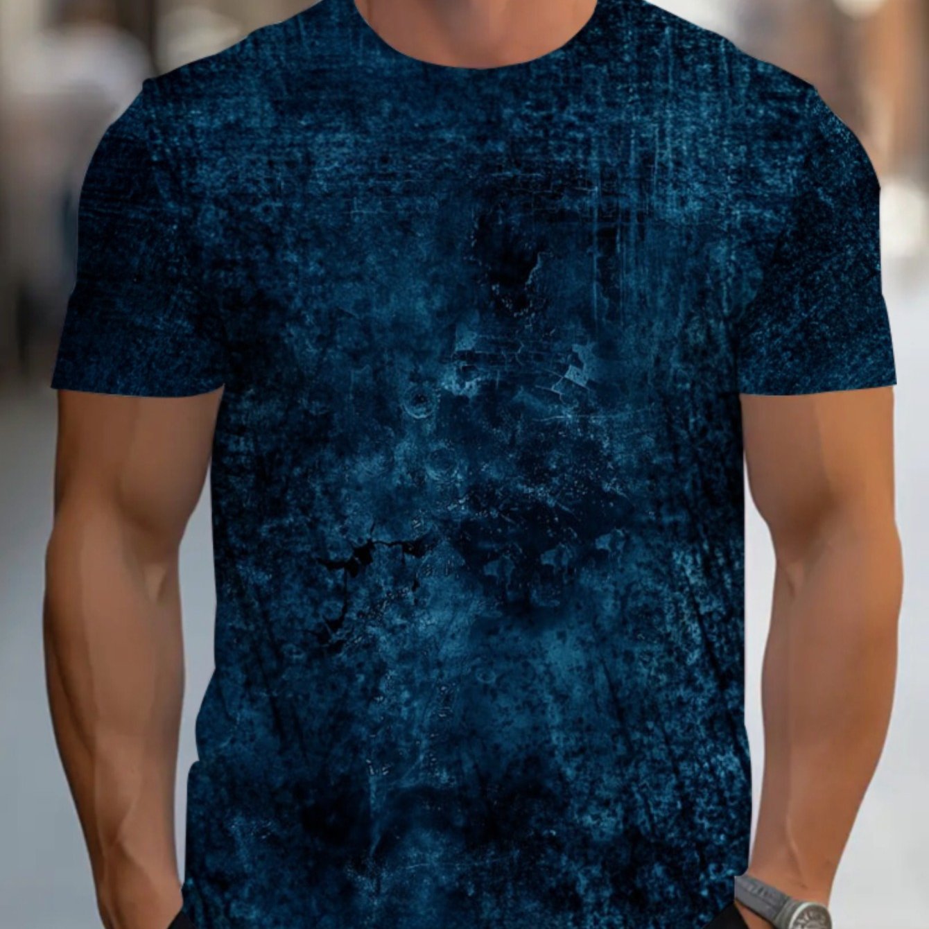 TEMU Men's Fashionable Short Sleeved T-shirt With Dark Blue Printed Pattern, Lightweight And Breathable, Suitable For Casual Wear At Home, Office Or