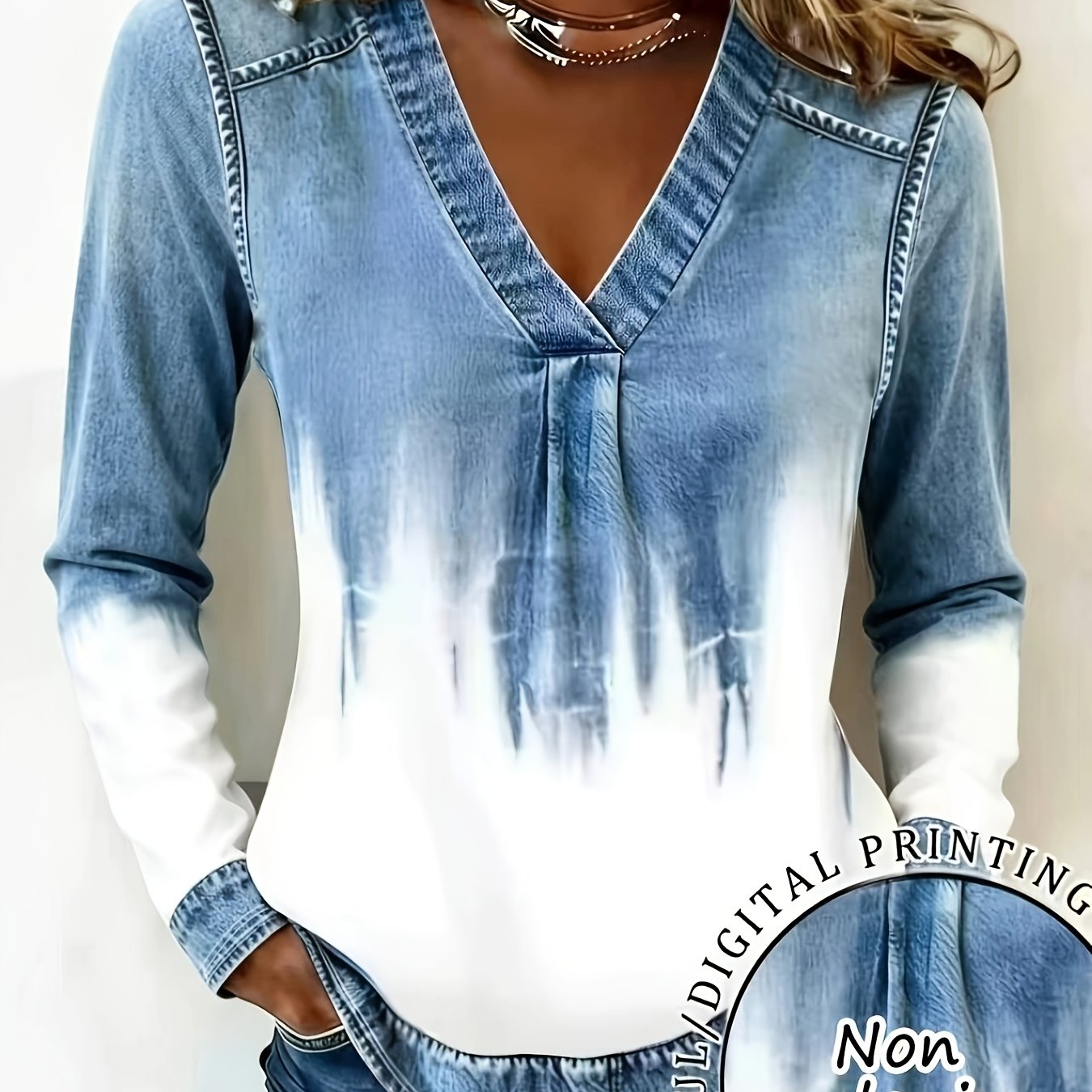 TEMU Directional Development Western Women's New Gradient Printed Cross V-neck Long Sleeve T-shirt